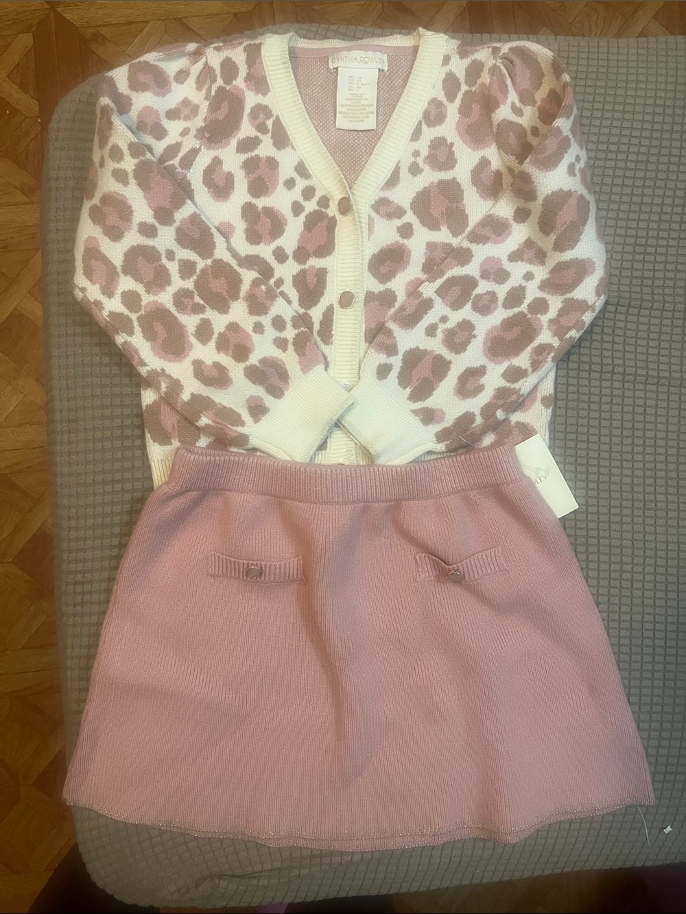 Cynthia Rowley Cream and Pink Leopard Cardigan with Pink Knit Skirt